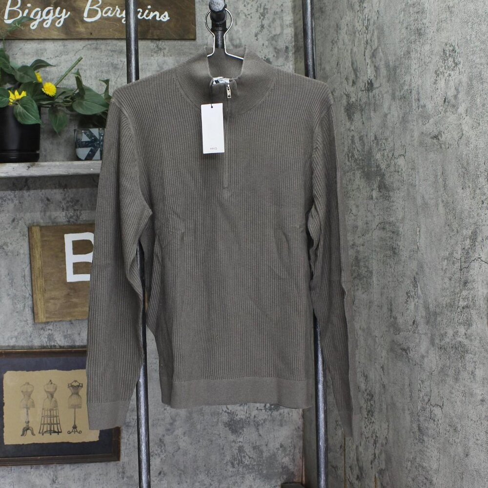 NWT Mango Mens Ribbed 1/4 Zip Pullover Preppy High Neck Sweater Green M